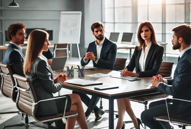 DALL·E 2025-05-17 17.15.42 - A professional office setting with five people sitting around a modern conference table. One woman with shoulder-length light brown hair is the focal